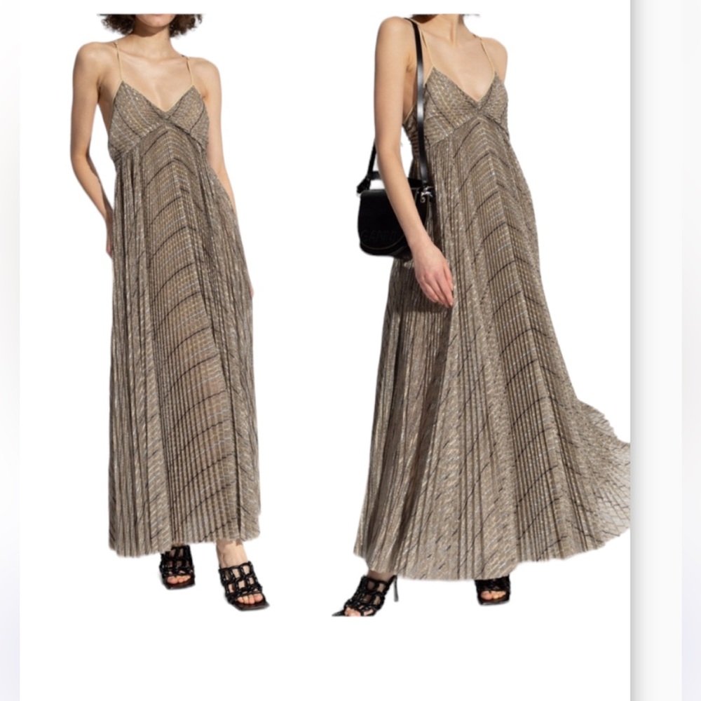 Forte Forte Pleated Metallic Gold Black Thread Empire Line Dress NWT Size 8